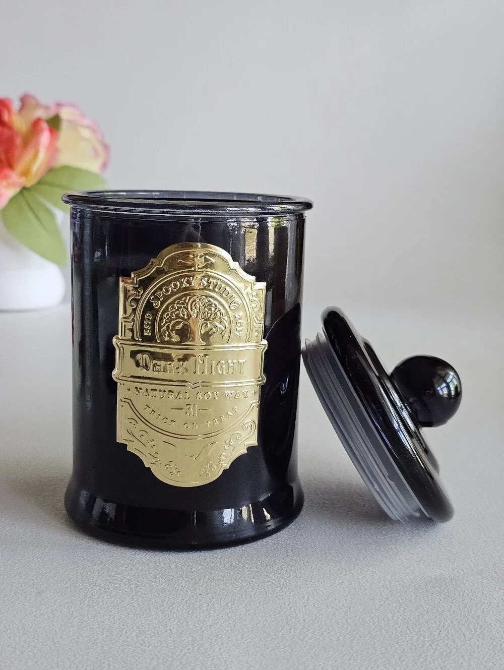 Spooky Studio Dark Night Mahogany Teakwood Natural Soy Wax Candle 17oz Black Jar